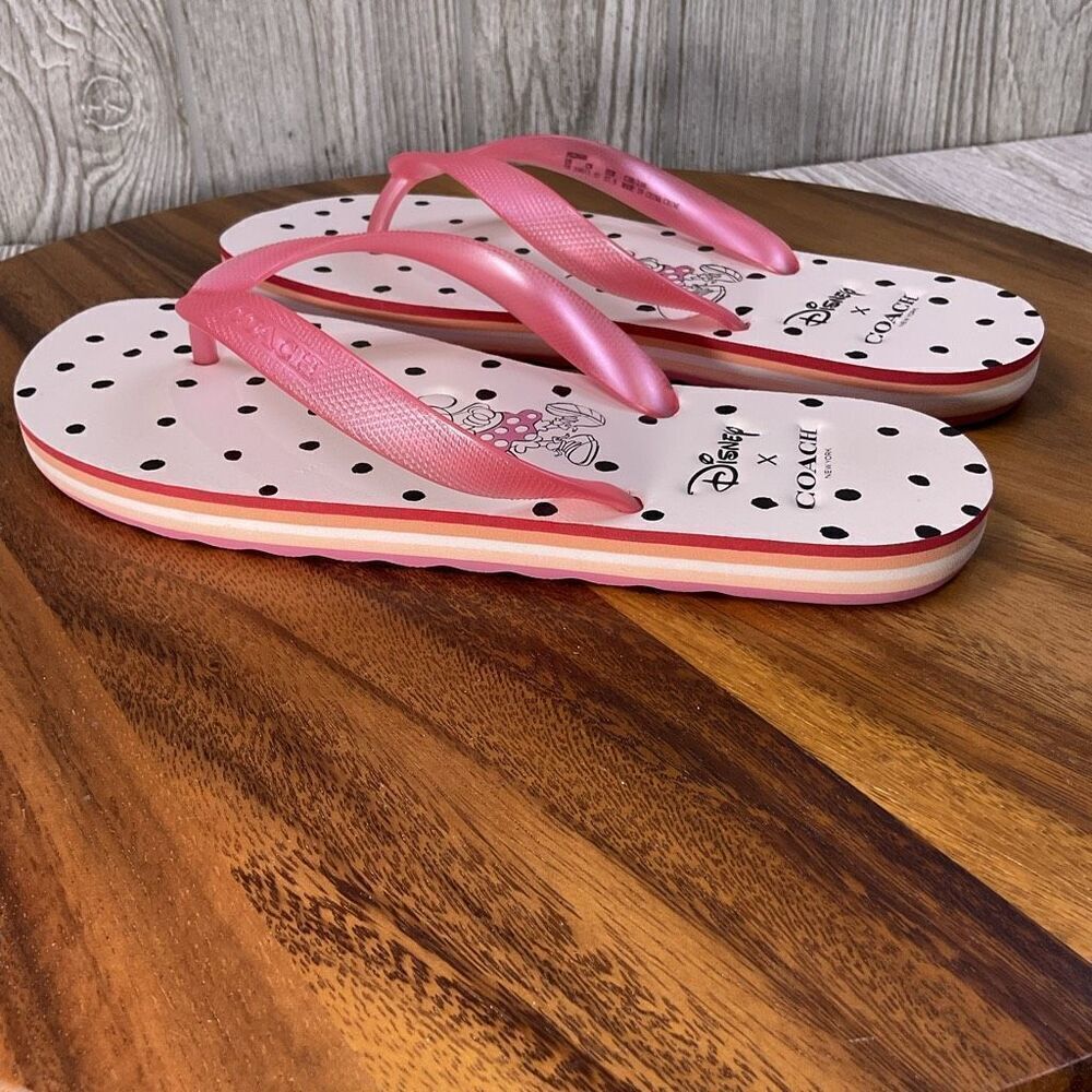 Coach X Disney Minnie Mouse Pink Floral Thong Flip Flops Sandals Women's Size 7 - Picture 6 of 9